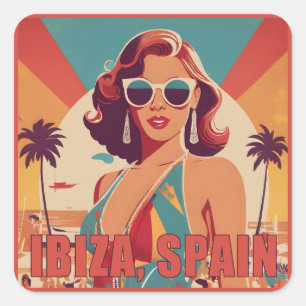Ibiza, Spanien Travel Poster Fyrkantigt Klistermärke