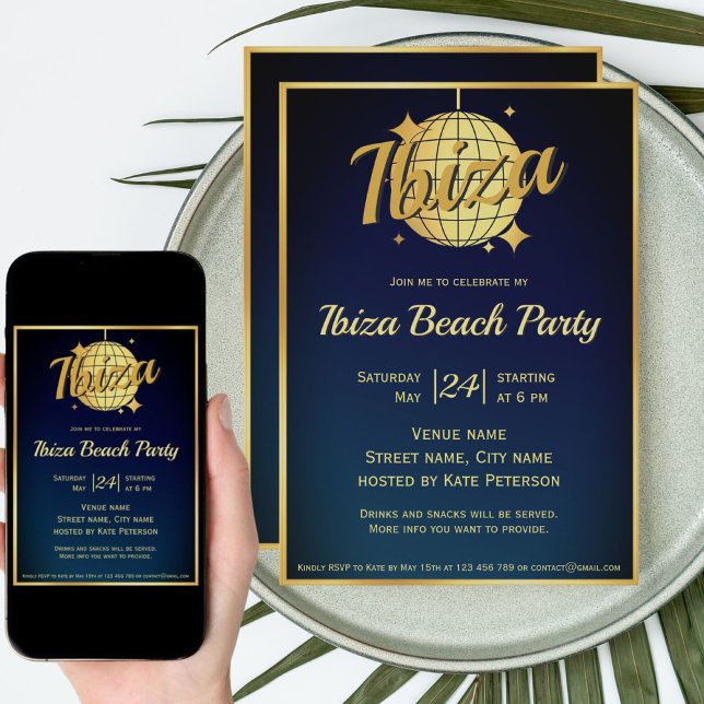Ibiza-tema eivissa guld disko boll fest  inbjudningar (Skapare uppladdad)