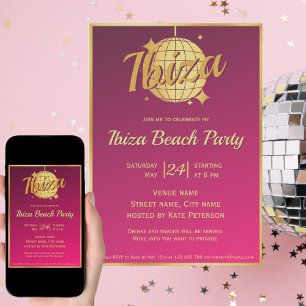 Ibiza-tema eivissa guld disko boll pink fest inbjudningar