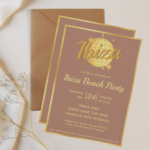 Ibiza themed eivissa guld disco boll mocha mousse inbjudningar