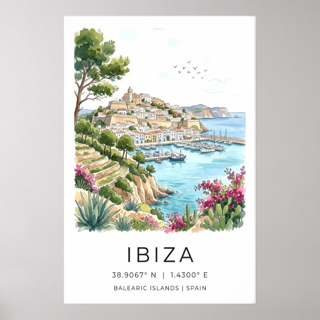 Ibizalandskapsutskrift Vattenfärg Havsutsikt Poster (Framsidan)