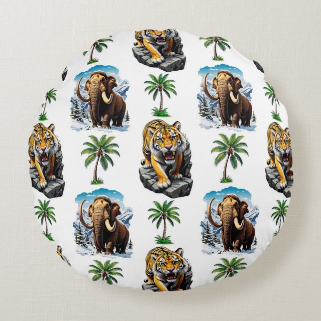 Ice Age Mammoth Sabertooth Tiger Mönster Design Rund Kudde (Framsidan)