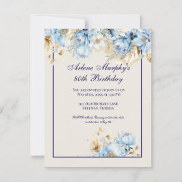 Ice Blue and Navy Blommigt Birthday Inbjudningar