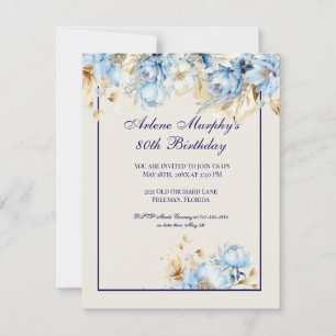 Ice Blue and Navy Blommigt Birthday Inbjudningar