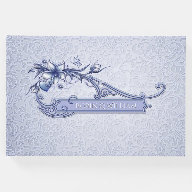 Ice Blue Blommigt Damask Wedding Guest Bok (Framsida)