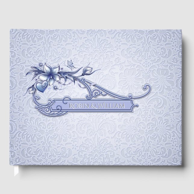 Ice Blue Blommigt Damask Wedding Guest Bok (Framsida)