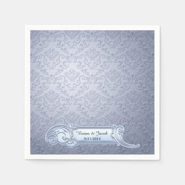 Ice Blue Damask Personligt bröllp Napkins Pappersservett (Framsidan)