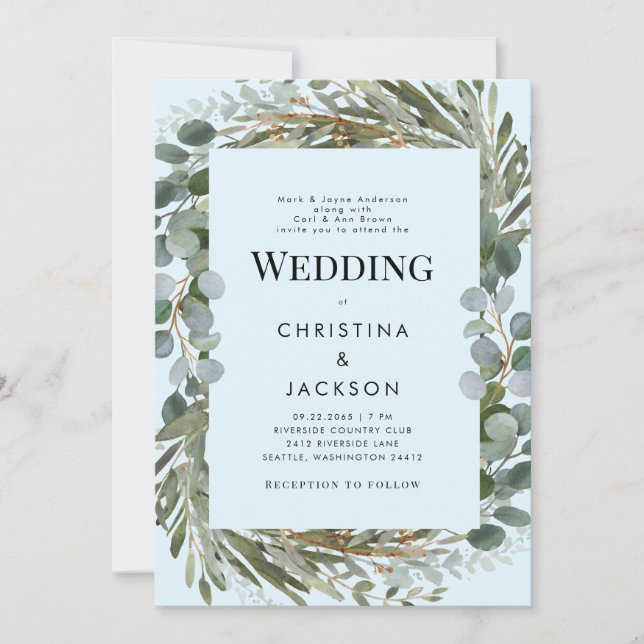 Ice Blue Eucalyptus Båda föräldrarna Bröllop Inbjudningar (Framsida)