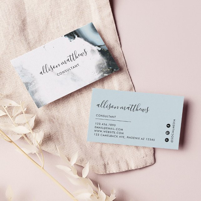 Ice Blue Grått Black Marble Background Social Medi Visitkort (Ice Blue Gray Black Marble Background Social Media Business Card)