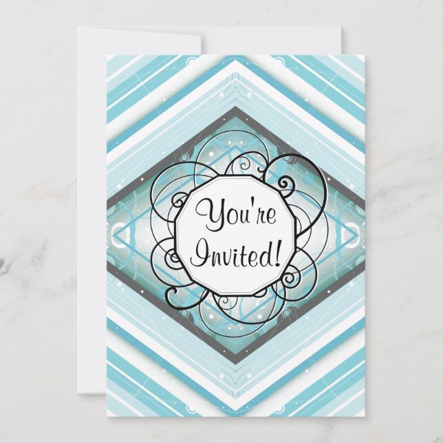 Ice Blue Modern-Retro Rand Diamond med Monogram Inbjudningar (Framsida)
