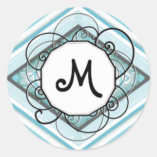 Ice Blue Modern-Retro Rand Diamond med Monogram Runt Klistermärke