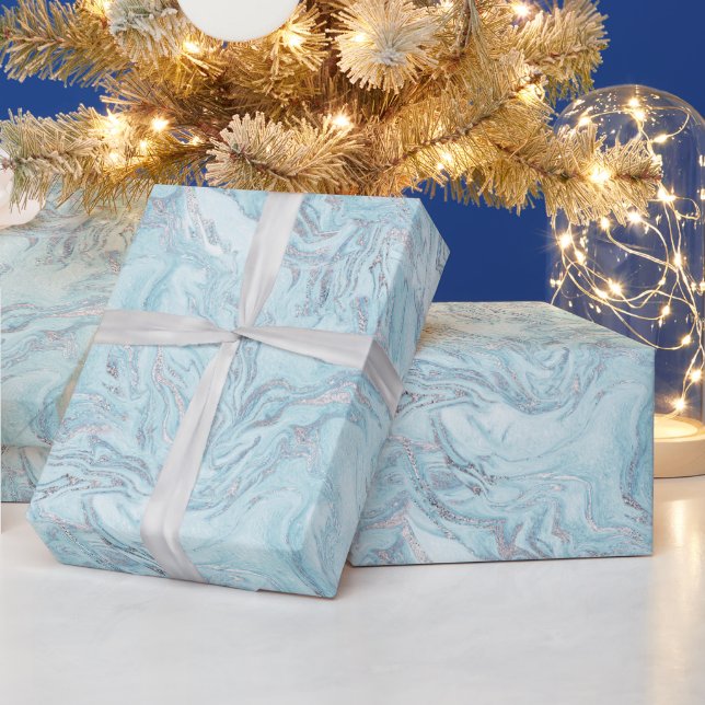 Ice Blue Silver Marble Glitz Presentpapper (Helgdagar)