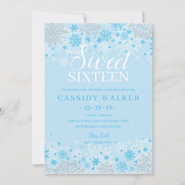 Ice Blue Snowflake Winter Wonderland Sweet sixteen Inbjudningar (Framsida)