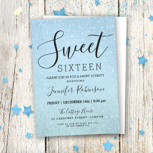 Ice Blue Sweet 16 Birthday Glitter look Paint Inbjudningar