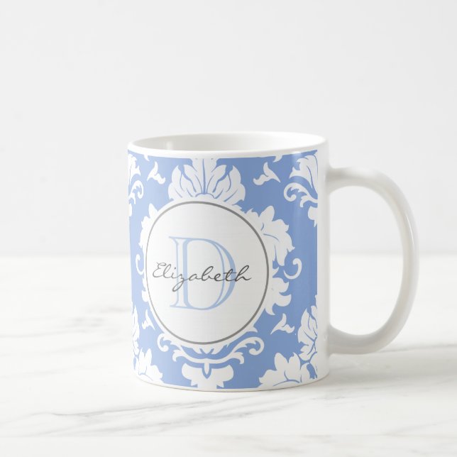 Ice Blue Vintage Damask Monogrammed Mugg (Höger)