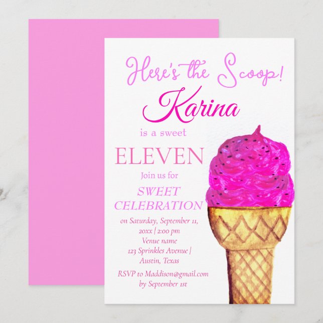 Ice Cream 11:e födelsedagstidningen Girl Rosa Wate Inbjudningar (Fram/baksida)