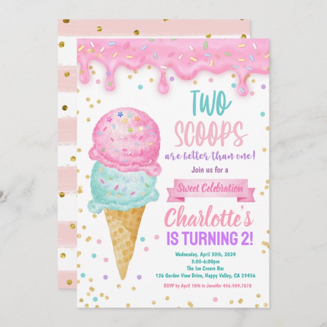 Ice Cream 2:a födelsedagen Party 2 Scoops bättre Inbjudningar (Fram/baksida)