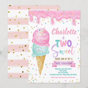Ice Cream 2 Sweet 2 Birthday Party Rosa Mint Inbjudningar