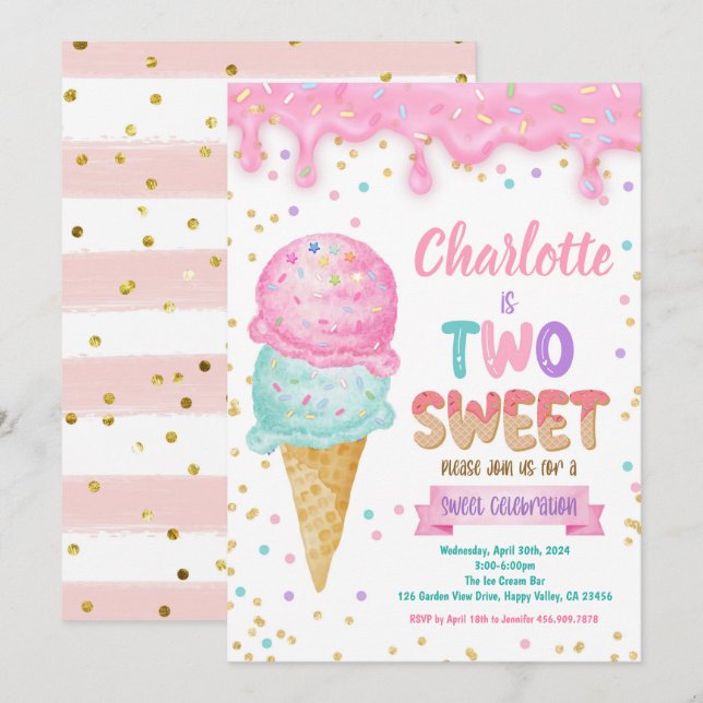 Ice Cream 2 Sweet 2 Birthday Party Rosa Mint Inbjudningar (Fram/baksida)