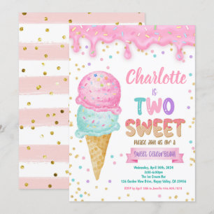 Ice Cream 2 Sweet 2 Birthday Party Rosa Mint Inbjudningar