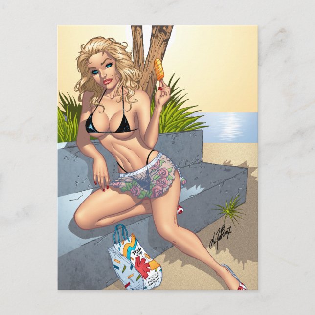 Ice Cream Bikini Girl Pin-up Art by Al Rio Vykort (Framsida)