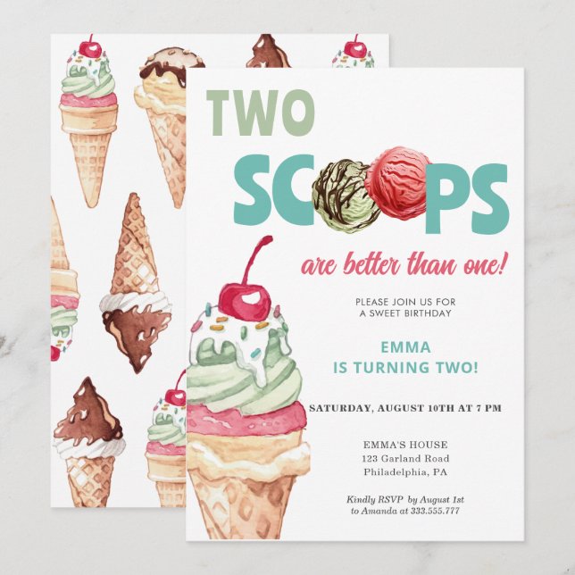 Ice Cream Birthday bjudande två skottar Inbjudningar (Fram/baksida)