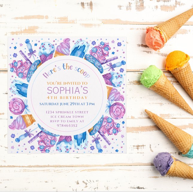 Ice Cream Birthday Girls Kids Här är Scoop Inbjudningar (Skapare uppladdad)