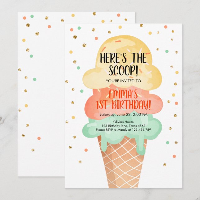 Ice Cream Birthday Här är Scoop Party-sommaren Inbjudningar (Fram/baksida)
