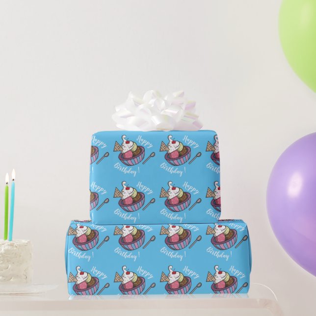 Ice Cream Bowl Blue Birthday Wrapping Papper Presentpapper (Festgåvor)