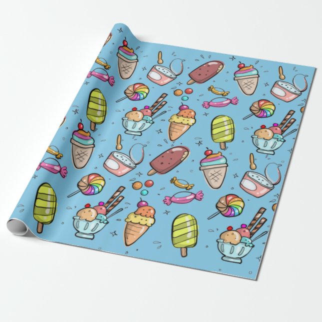 Ice Cream Candy Blue Presentpapper (Utrullad)