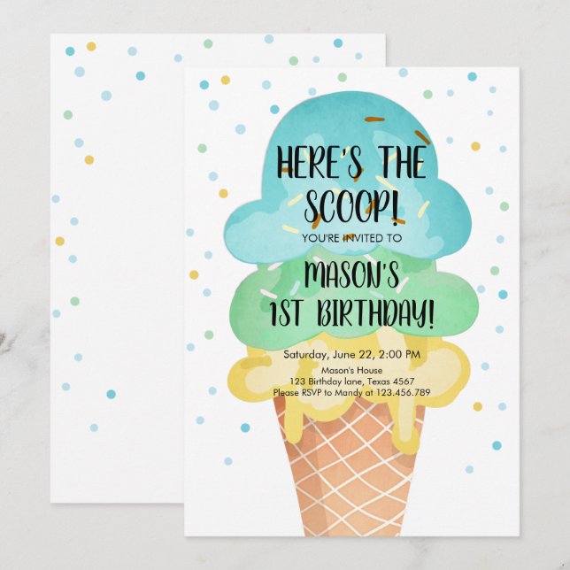 Ice Cream Cone Confetti Boy First Birthday bjudand Inbjudningar (Fram/baksida)