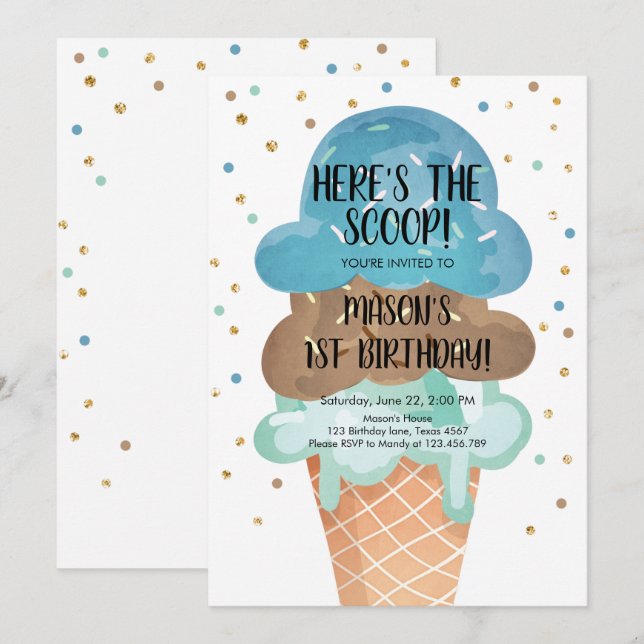 Ice Cream Cone Confetti Boy First Birthday Inbjudningar (Fram/baksida)