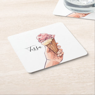 Ice Cream Cone Design Monogram Namn Underlägg Papper Kvadrat