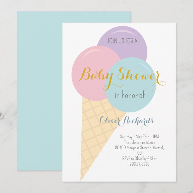 Ice Cream Cone Scoop Kids Baby Shower Inbjudningar (Fram/baksida)
