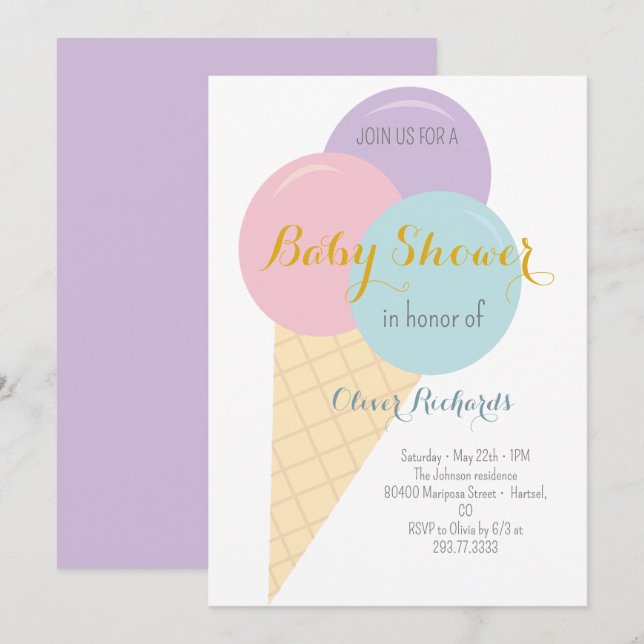 Ice Cream Cone Scoop Kids Baby Shower Inbjudningar (Fram/baksida)
