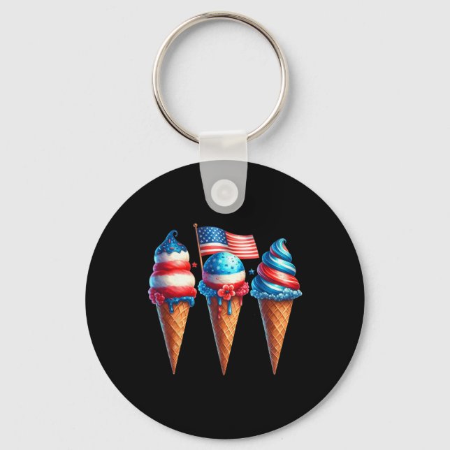 Ice Cream Cone Scoops Designad American Flagga 4th Nyckelring (Framsida)