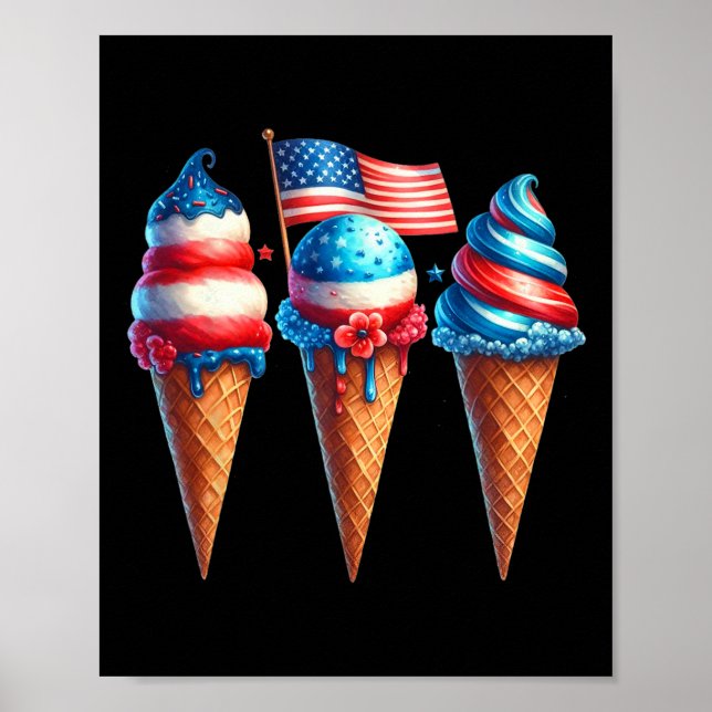 Ice Cream Cone Scoops Designad American Flagga 4th Poster (Framsidan)