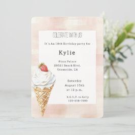 Ice Cream Cone Strawberry Birthday Inbjudningar
