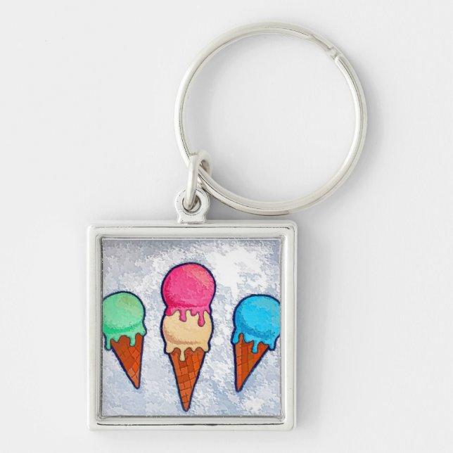 Ice Cream Cones Fyrkantig Silverfärgad Nyckelring (Framsidan)