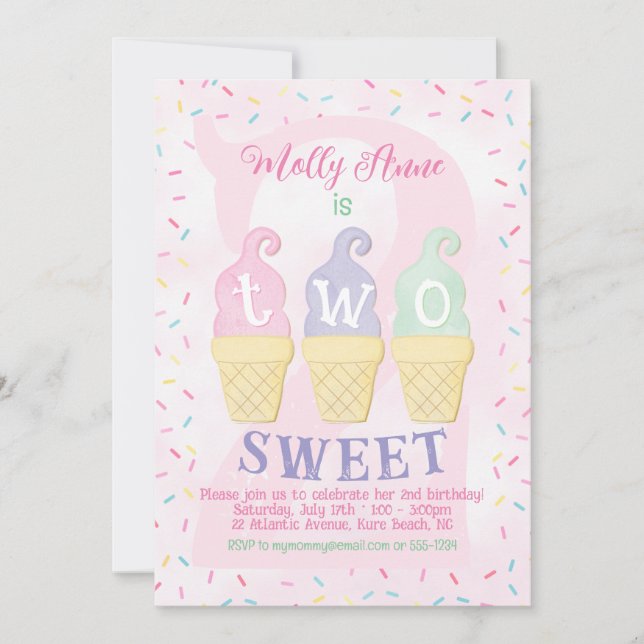 Ice Cream Cones Sprinkles Pastel Rosa 2:a födelsed Inbjudningar (Framsida)