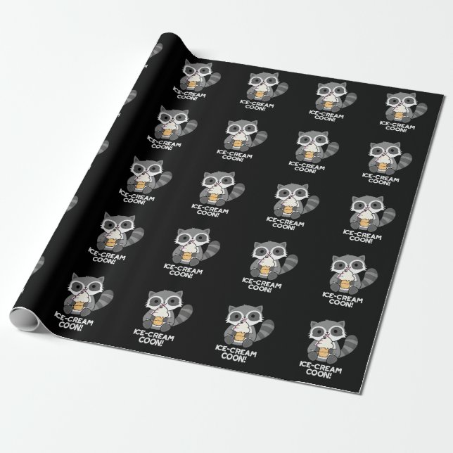 Ice Cream Coon Funny Animal Racoon Pun Mörk BG Presentpapper (Utrullad)