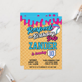 Ice Cream Drip Baseball Blue Pink Birthday Party Inbjudningar