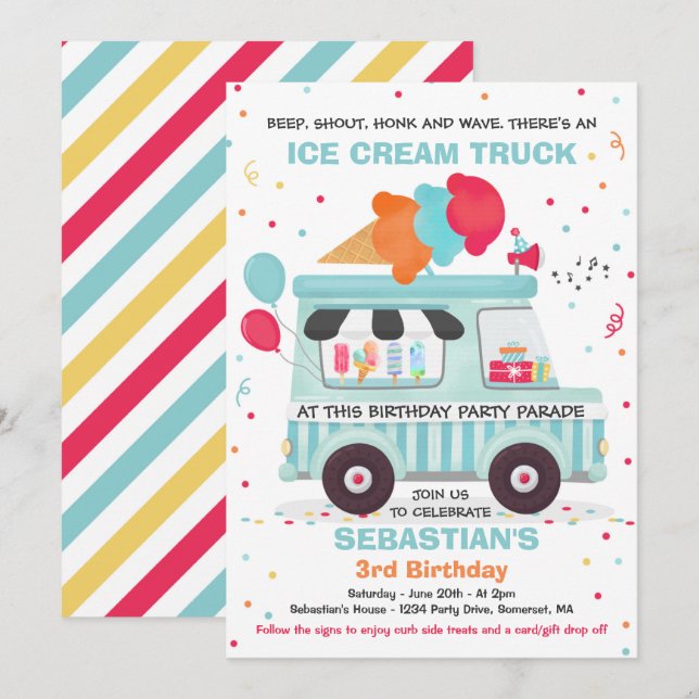 Ice Cream Födelsedagsfest Drive by Birthday Parad Inbjudningar (Fram/baksida)