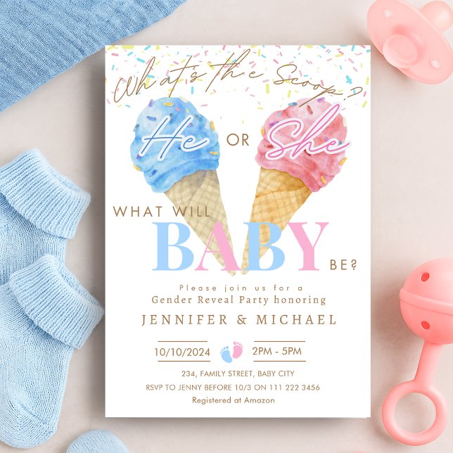 Ice Cream Gender Reveal Party Vad är Scoop? Inbjudningar (Ice Cream Gender Reveal Party What's the Scoop Invitation)