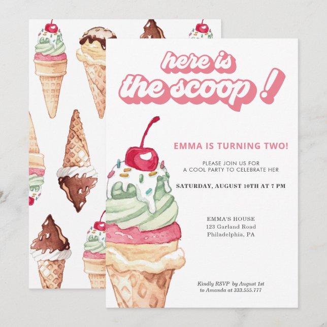 Ice Cream Girl Birthday Scoop-inbjudan Inbjudningar (Fram/baksida)