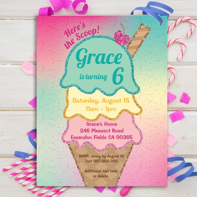 Ice Cream Glitter Sprinkles födelsedagsinbjudan Vykort (Icecream glitter party!)