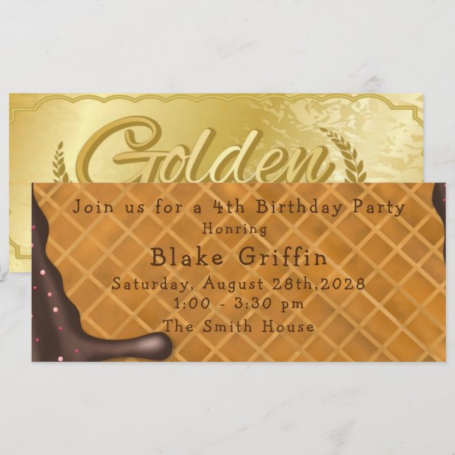Ice Cream Golden Biljett Birthday-inbjudan Inbjudningar (Fram/baksida)