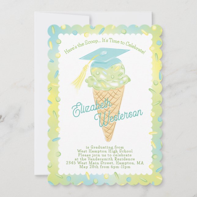 Ice Cream Graduation Party Green Blue Inbjudningar (Framsida)