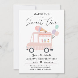 Ice Cream Lastbil 1:a födelsedag Inbjudan Rosa Söt
