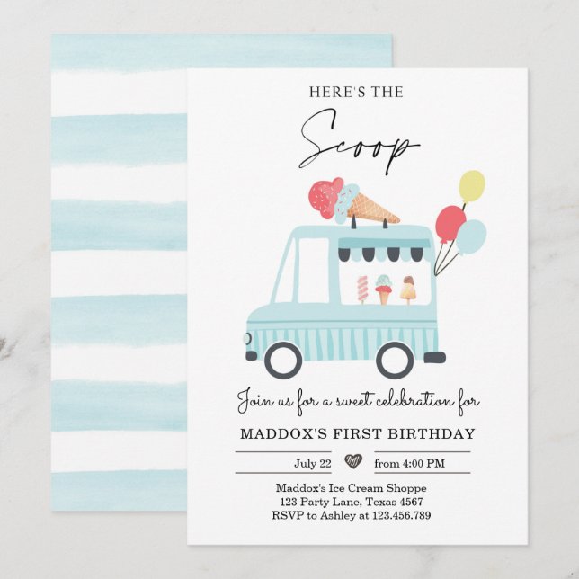Ice Cream Lastbil 1:a födelsedagen Inbjudan Boy Sc (Fram/baksida)